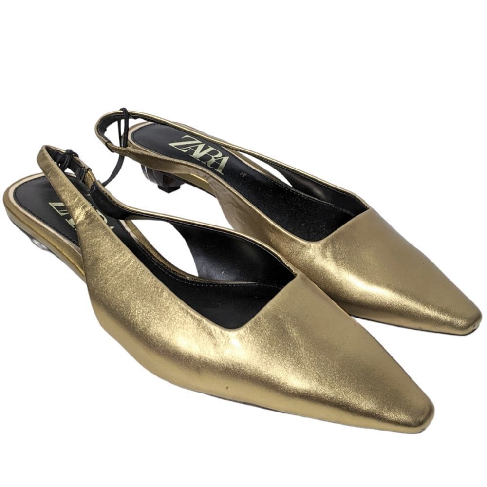 NWT ZARA Metallic Gold Leather Geo Heel Mules 36